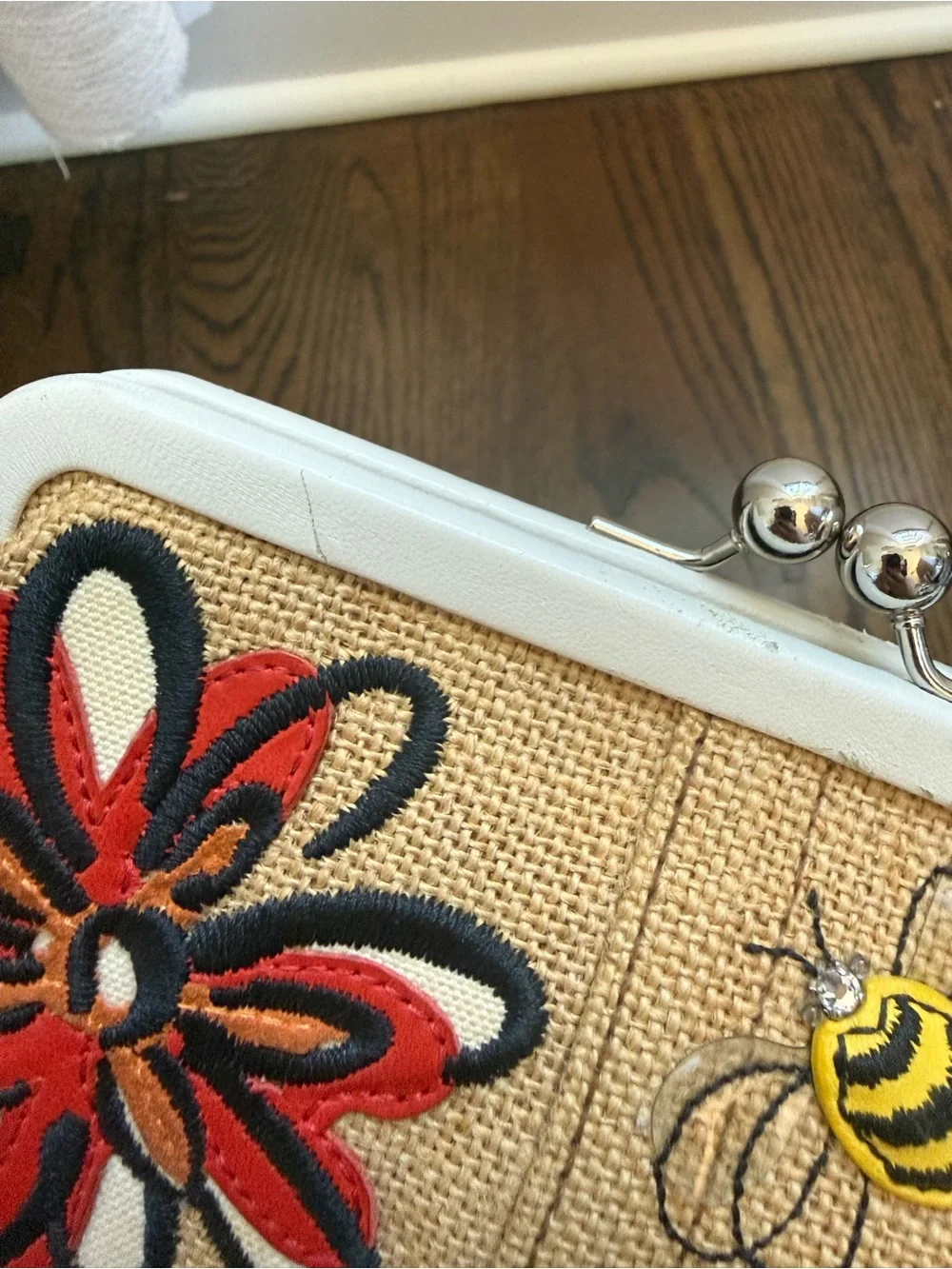 Coach Floral Bee Embroidered Clutch - Beige with Red & Teal Accents